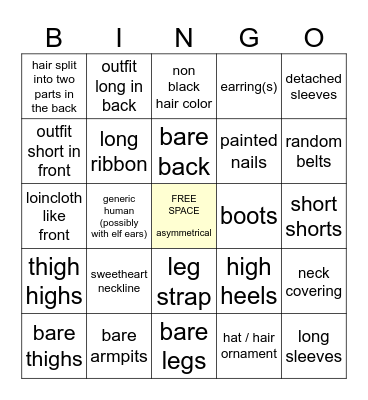 HSR Female Character Design Bingo Card