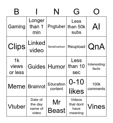 Youtube shorts bingo Card
