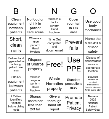 Safety Bingo Card