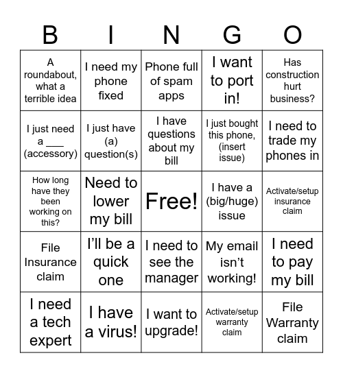 Phone Store Bingo Card