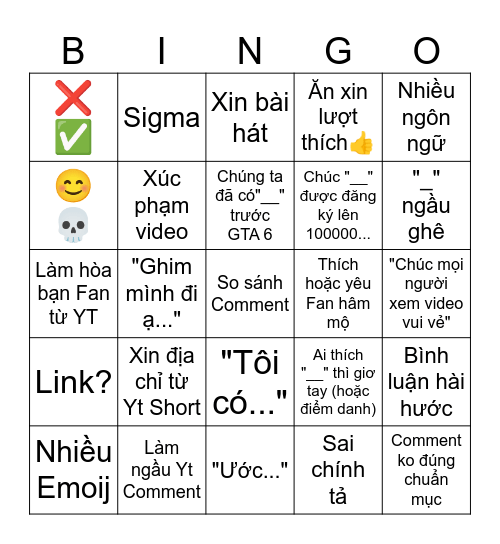 Bình luận Yt Short 🇻🇳 Bingo Card