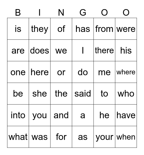 Trick Word Bingo Card