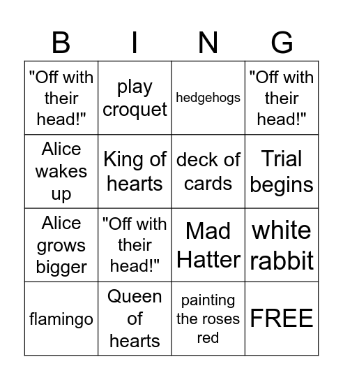 Alice in Wonderland Bingo Card