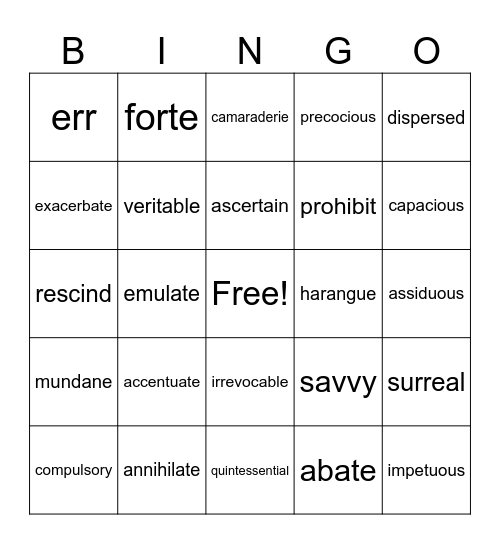 April Vocab Bingo Card