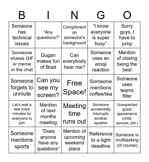 Closing Team Bingo Card