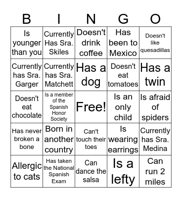 Spanish Club Bingo!! Bingo Card