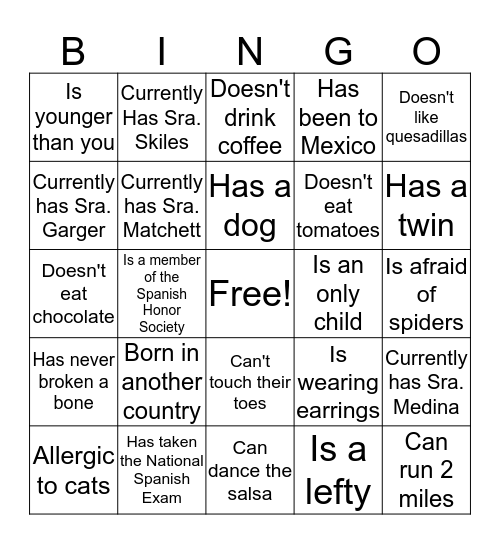 Spanish Club Bingo!! Bingo Card
