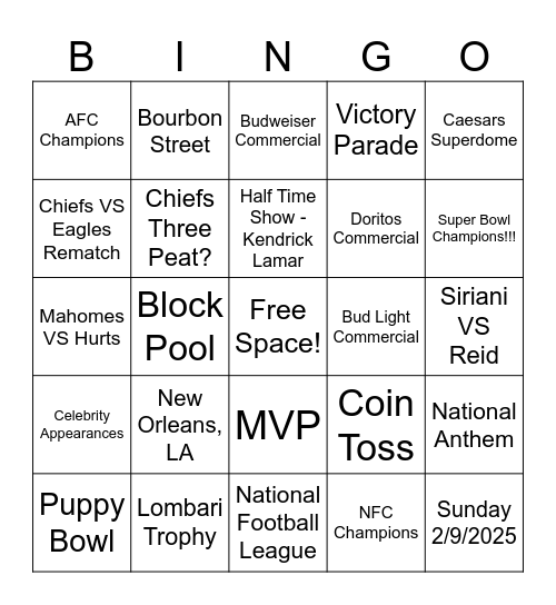 SUPER BOWL LIX BINGO Card