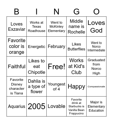 Dahlia Bingo Card