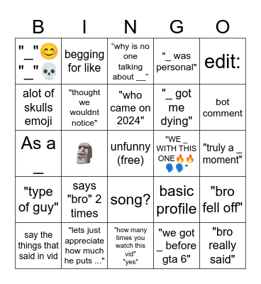 youtube comment bingo Card