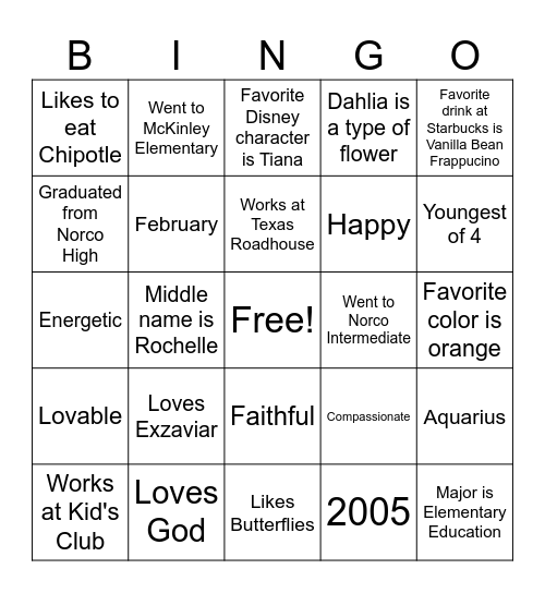 Dahlia Bingo Card
