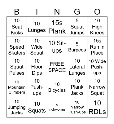 Fitness Bingo Card