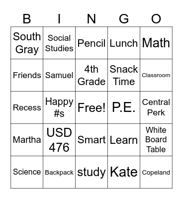 4th Grade Bingo Card