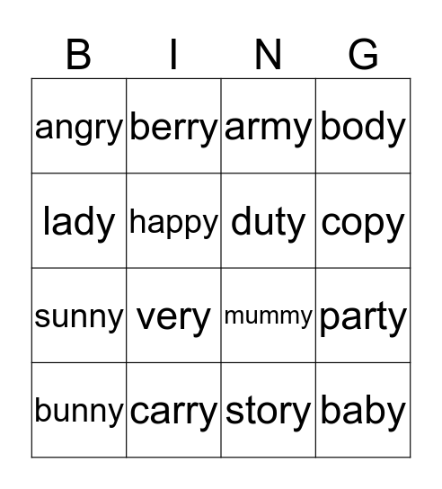 y as in ee words Bingo Card