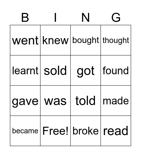 Irregular verbs Bingo Card