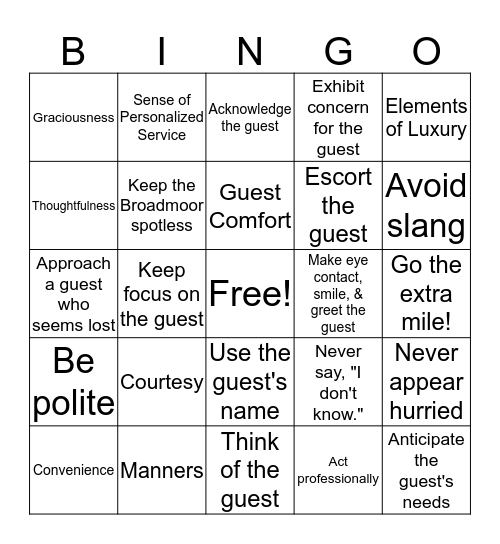 Standards Bingo Card