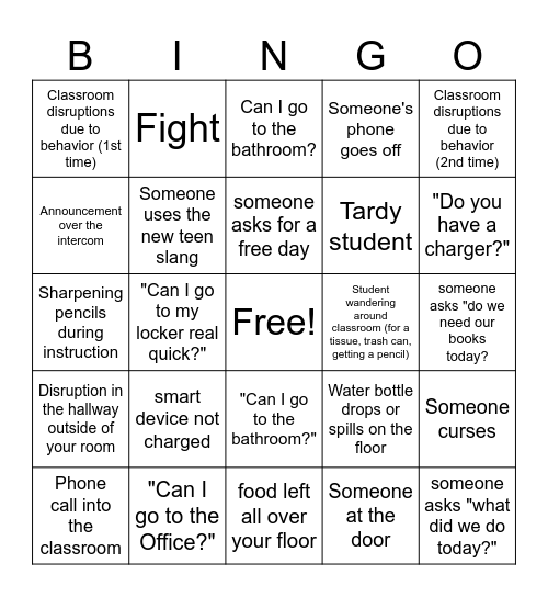 Classroom Disruptions ~ 2025 Bingo Card