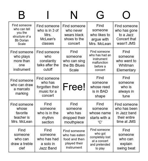 Jazz Band Bingo Card