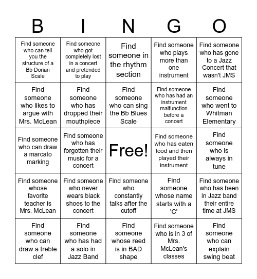 Jazz Band Bingo Card