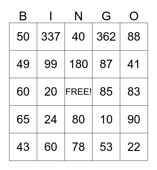 Subtraction bingo Card