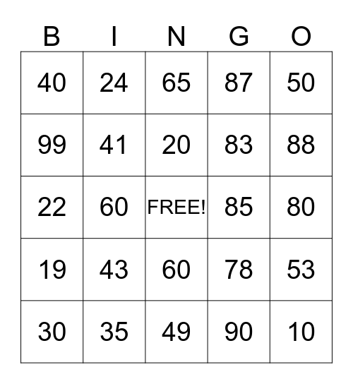 Subtraction bingo Card