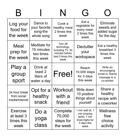 Wellness Challenge Week 1 Bingo Card