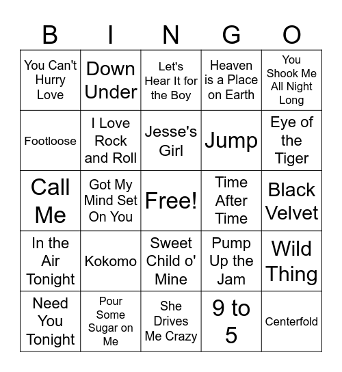 Bonus Music Bingo 80s Bingo Card