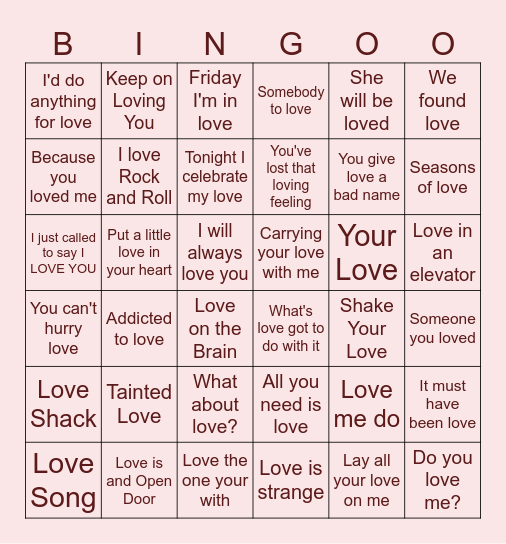Valentine's Day Music Bingo Card