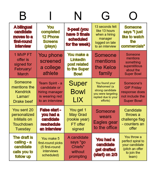 Super Bowl LIX - Recruiting Edition Bingo Card
