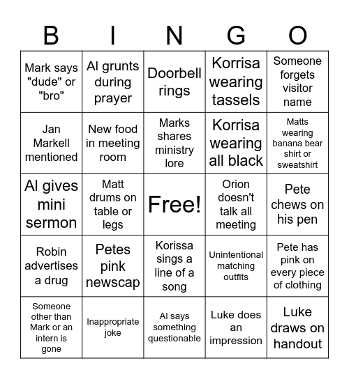 Revive Staff Meeting bingo Card