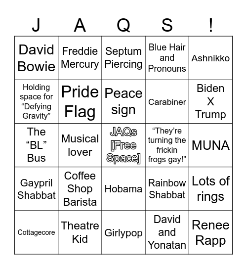 JAQs Bingo Night! Bingo Card