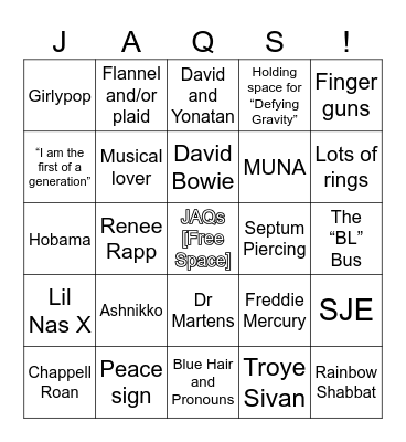 JAQs Bingo Night! Bingo Card