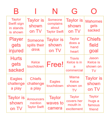 Taylor Swift Super Bowl Bingo Card