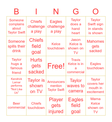 Taylor Swift Super Bowl Bingo Card
