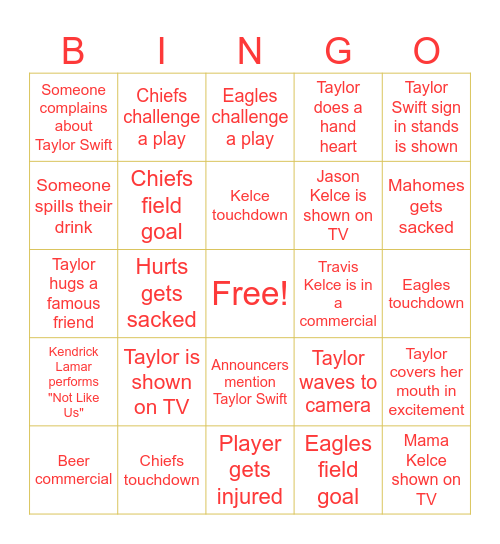 Taylor Swift Super Bowl Bingo Card