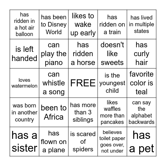 Family Game Night- Who do you know? Bingo Card