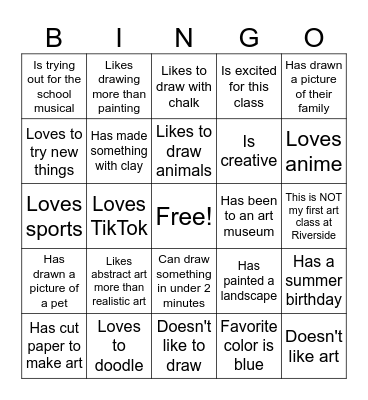 1st Day of Art Class Bingo Card