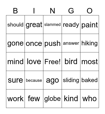 Sight word BINGO Card