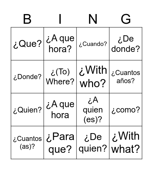 Question Words in Spanish Bingo Card