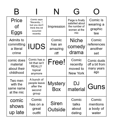 Open Mic Bingo Card