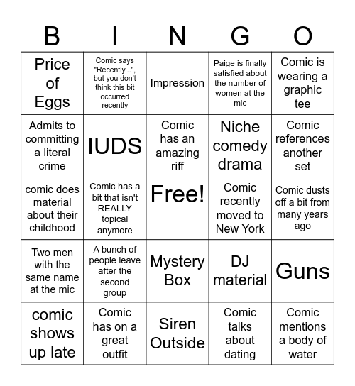 Open Mic Bingo Card