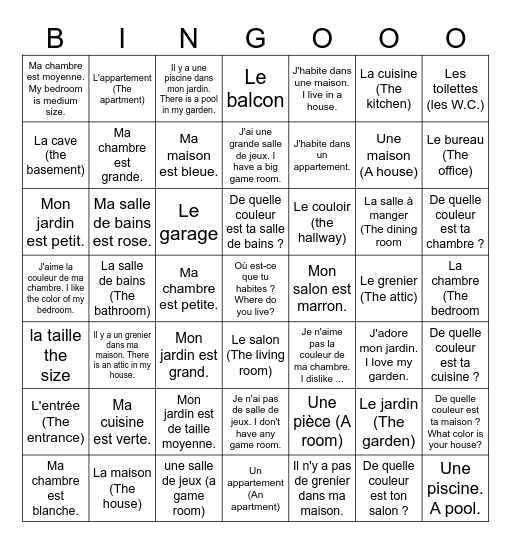 Les pièces de la maison Bingo Card