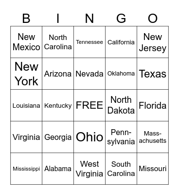 50 states Bingo Card