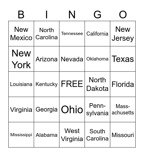 50 states Bingo Card