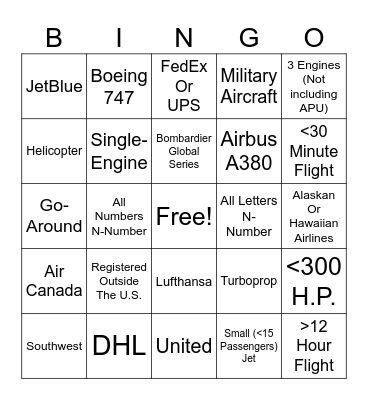 Plane Spotting Bingo! Bingo Card