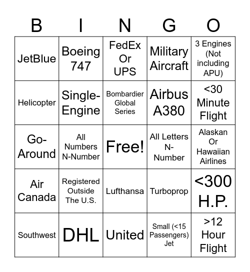Plane Spotting Bingo! Bingo Card