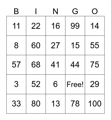 French Numbers 1-100 Bingo Card
