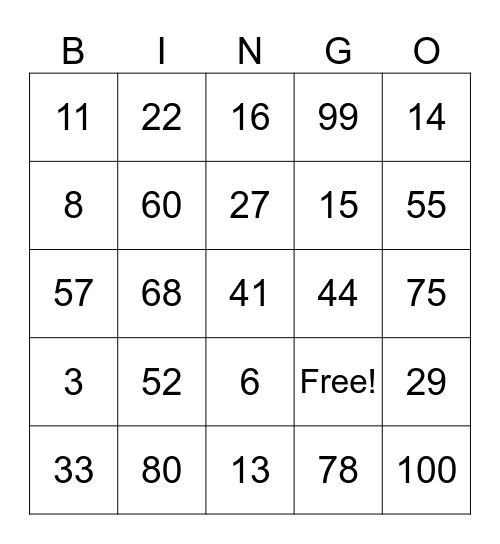French Numbers 1-100 Bingo Card