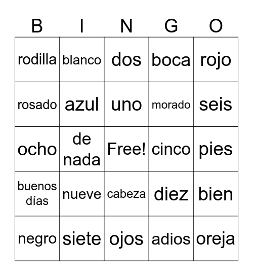 Español Bingo Card