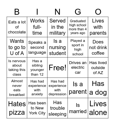 FIRST DAY: PSY 101! Bingo Card